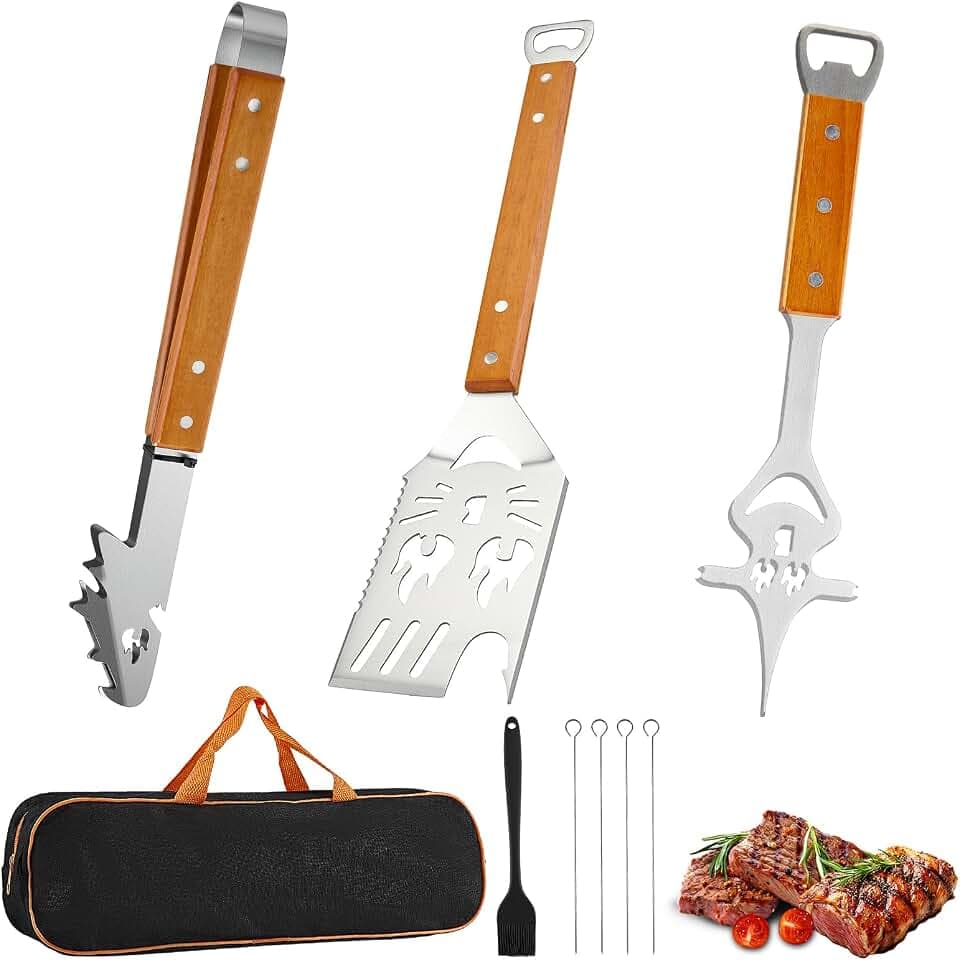 BBQ Grillbesteck Set 5-TLG, Extra Langes Grillwerkzeug aus Edelstahl mit Holzgriff, Grillzange, Fleischgabel, Grillwender, Grillbürste, 4 Spieße & Tasche - Multifunktionales Grill Zubehör
