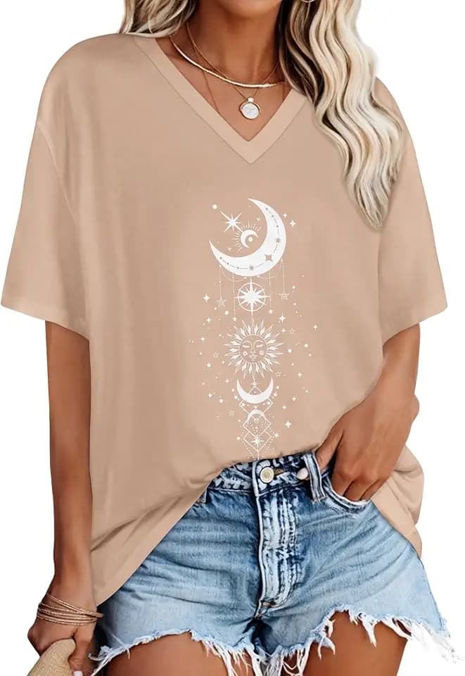 Oversized Tshirts for Women Graphic V Neck Short Sleeve Summer Casual Tops