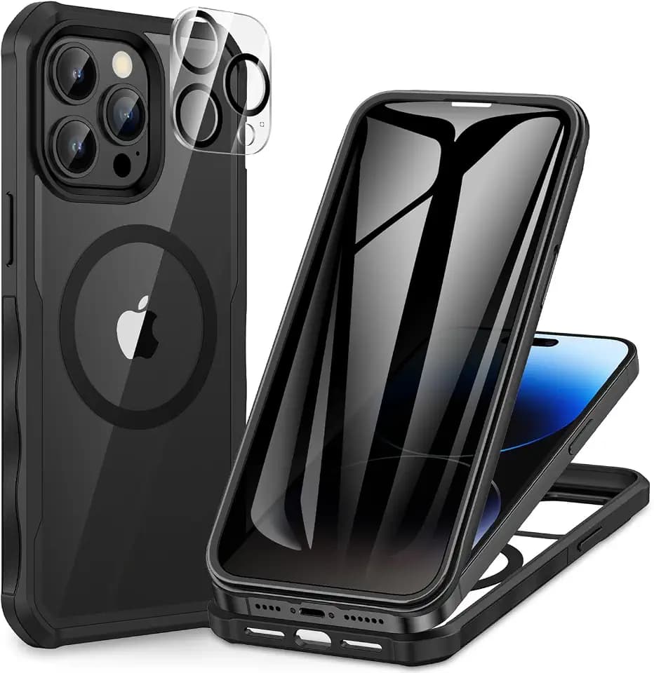 CENHUFO Privacy for iPhone 14 Pro Case, Full Body Phone Case with Built-in 9H Tempered Glass Privacy Screen Protector and Camera Lens Protector, Anti Peep Shockproof Bumper,with Magsafe - Black