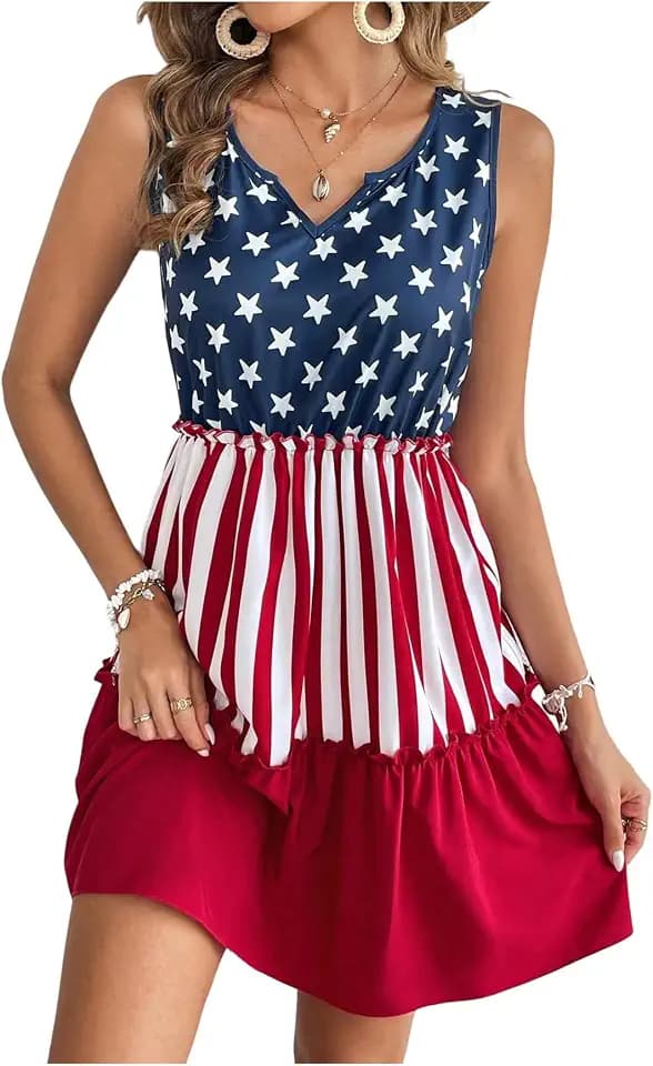 RoseSeek Women's American Flag Print Notch Neck Layered Ruffle Summer Dress