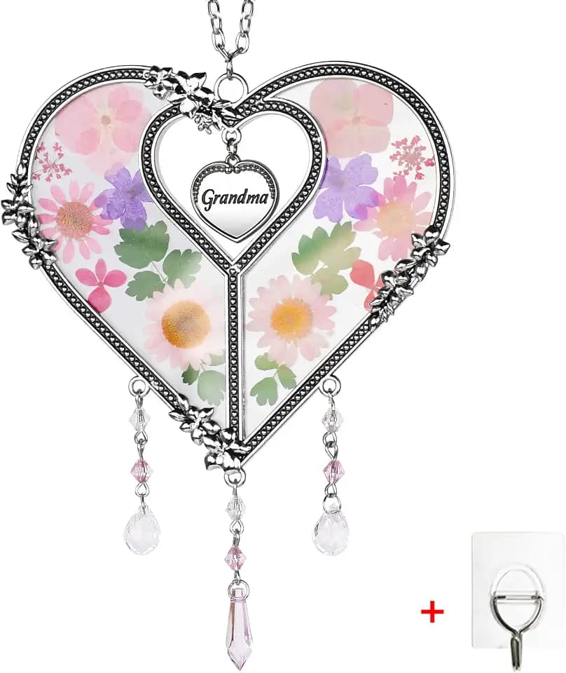 GUOER Heart Suncatcher with Pressed Flower Ornament Stained Glass Wind Chimes with Real Flowers,Birthday for Favorite Person (Grandma)
