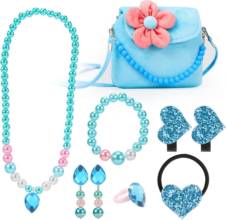 Hifot Kids Jewelry Little Girls Plush Handbag Necklace Bracelet Earrings Ring Hair Clips Set, Princess Costume Jewelry Party Favors Gift for Dress up Pretend Play (3-8 Years)