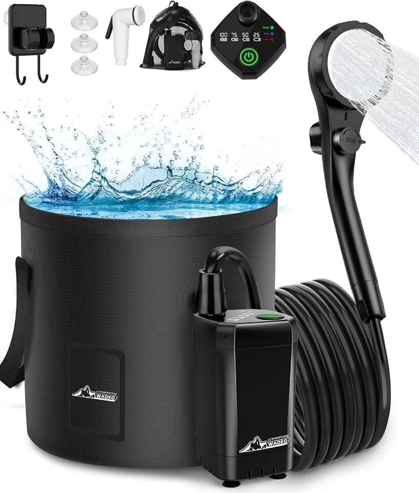 WADEO Tragbare Campingdusche Akku mit Pumpe und Wasserbehälter 20L, Outdoor-Camping-Duschset mit Akku 3000-6000 mAh wiederaufladbar, für Camping Reisen Garten Wandern Autowaschen Tierbaden Notfälle