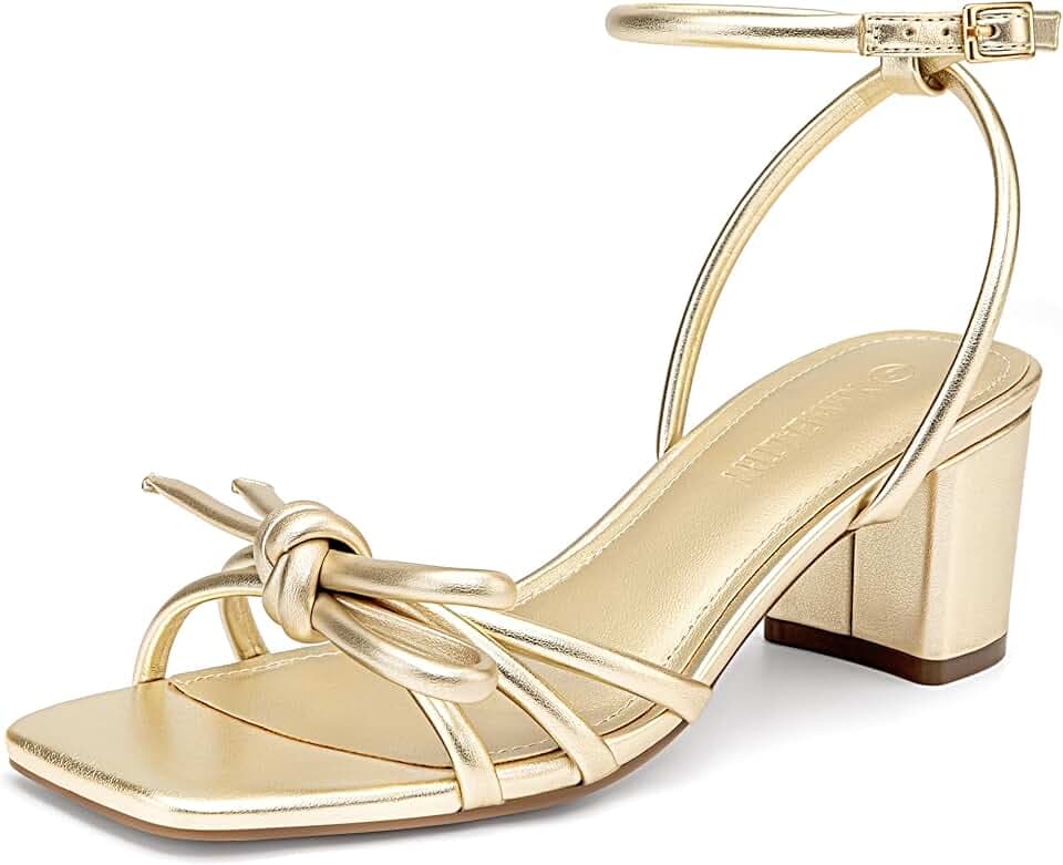 XMWEALTHY Bow Strappy Heels for Women Square Open Toe Chunky Block Heels
