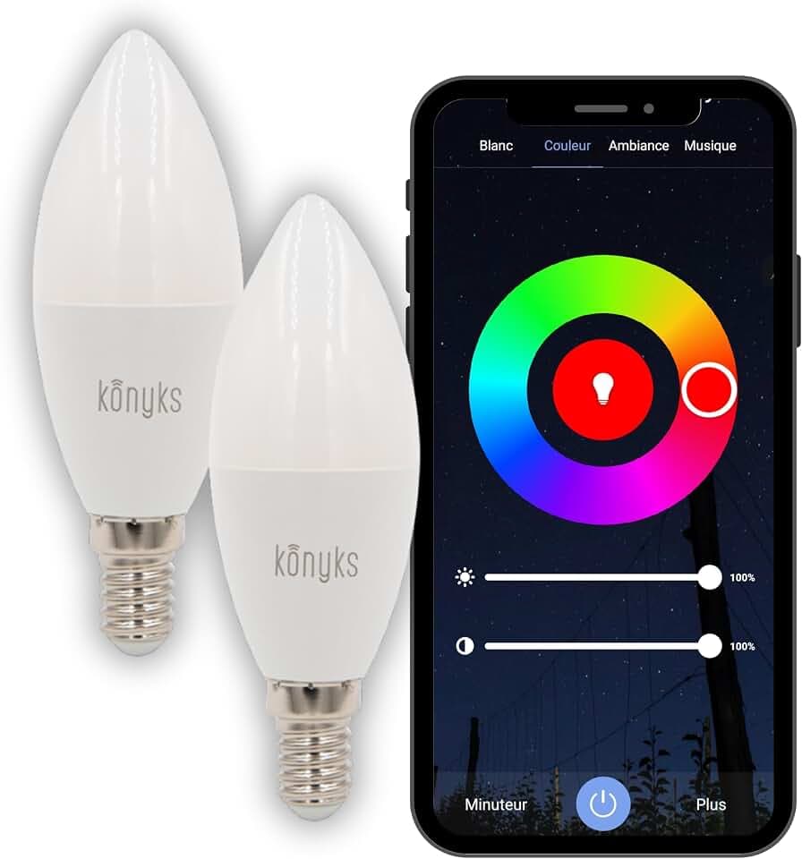 Konyks | Antalya E14 Max Easy | Packung mit 2 WLAN-LED-Lampen, energiesparende LED-Lampe, 16 RGB-Farben, E14-Fassung, 4,5 W, Kalt- bis Warmweiß