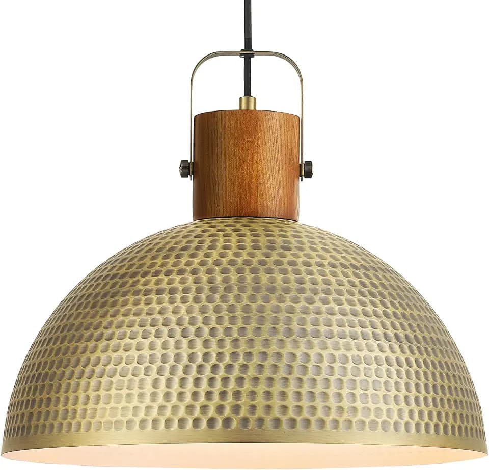 ELYONA 16 Inch Large Hammered Pendant Light Fixtures Ash Wood Vintage Dome Hanging Lamp Antique Gold Metal Kitchen Chandelier for Island, Farmhouse Dining Room Living Room Hallway Brushed Brass