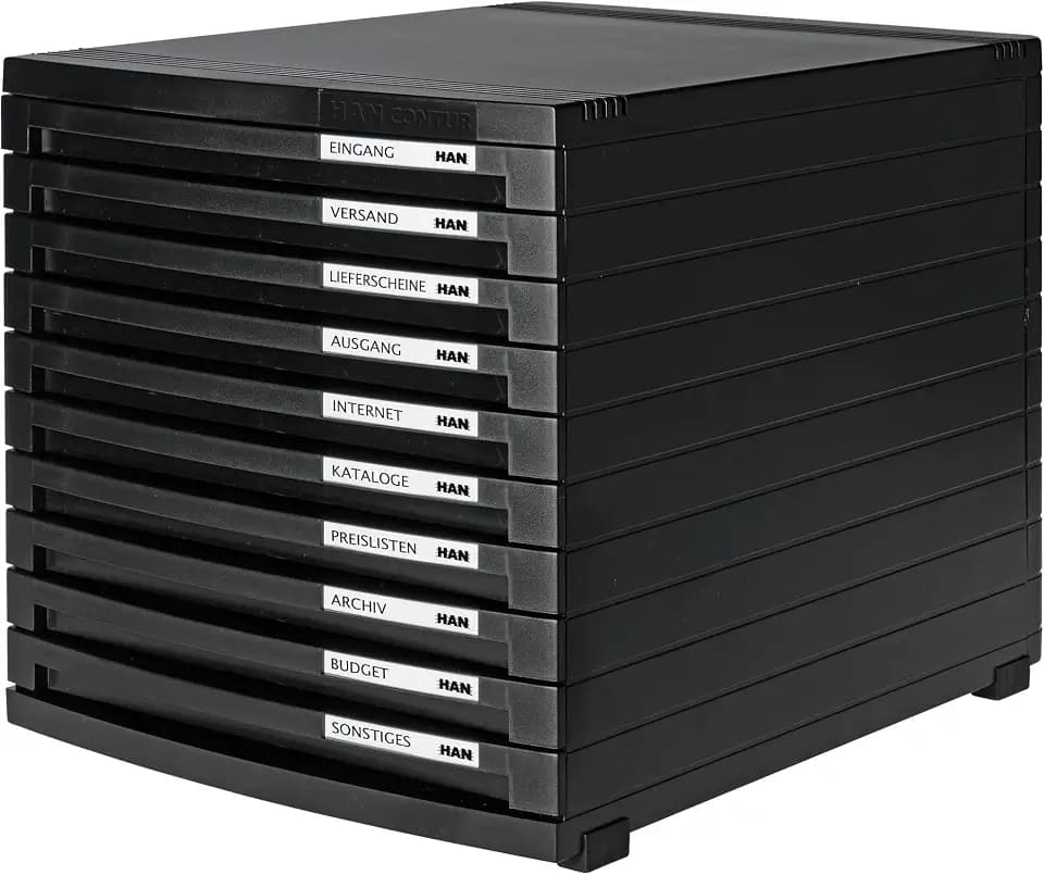 HAN 1510-13 Schubladenbox Contur, Modernes Organisationssystem, Ausbaubar, Premium Qualität für die Professionelle Organisation mit 10 geschlossenen, Schwarz, 10 flach