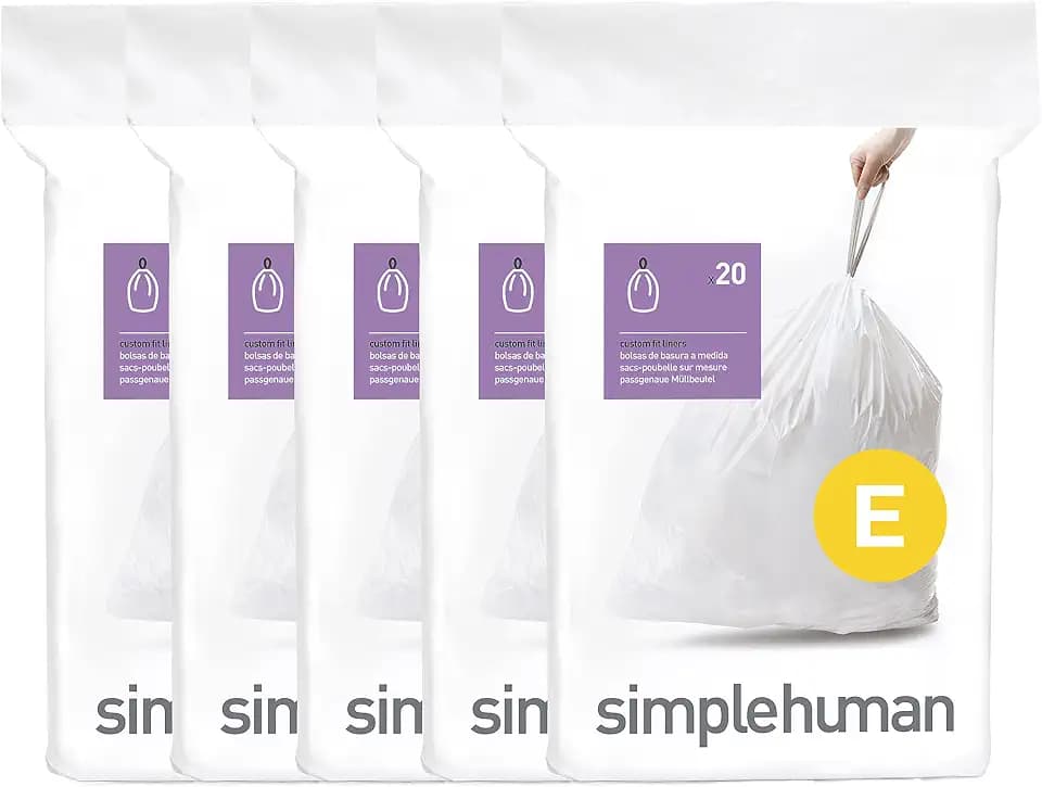 simplehuman Code E 100 Count Custom Fit Liners, Drawstring Kitchen Trash Bags, One-by-One Mess-Free Dispense, Extra Thick & Double Seamed, 50% PCR Plastic, 20 Liter / 5.3 Gallon, White
