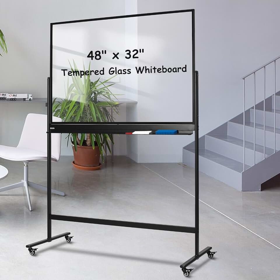 TSJ OFFICE Rolling Glass Whiteboard, 48x32 Mobile Dry Erase Board - Clear
