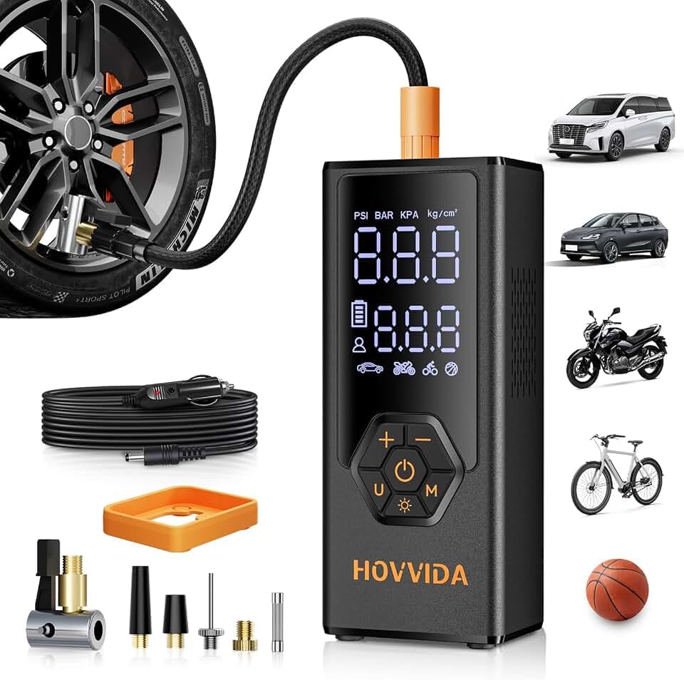 HOVVIDA Elektrische Luftpumpe, Tragbare Akku Fahrradpumpe, 7800-mAh-Akku, 12V DC, 10,3Bar (150 PSI), 40L/min Luftstrom, Schnellaufpumpen, Tragbare Luftpumpe für MPV, SUV, Auto, Motorrad, Fahrrad, Ball