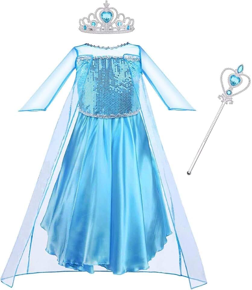 Vicloon Kostüm Kinder Mädchen, Kleid Kinders Set mit Krone, Diadem, Zauberstab, für Halloween, Weihnachten, Geburtstag Party, Kostüms Mädchen, Blau
