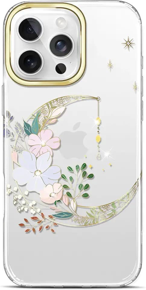 Schutzhülle Handyhülle für iPhone 16 Pro Max Hülle glitzerndes plattiert dünn stoßfest TPU Geblümt Blume Mond Gold