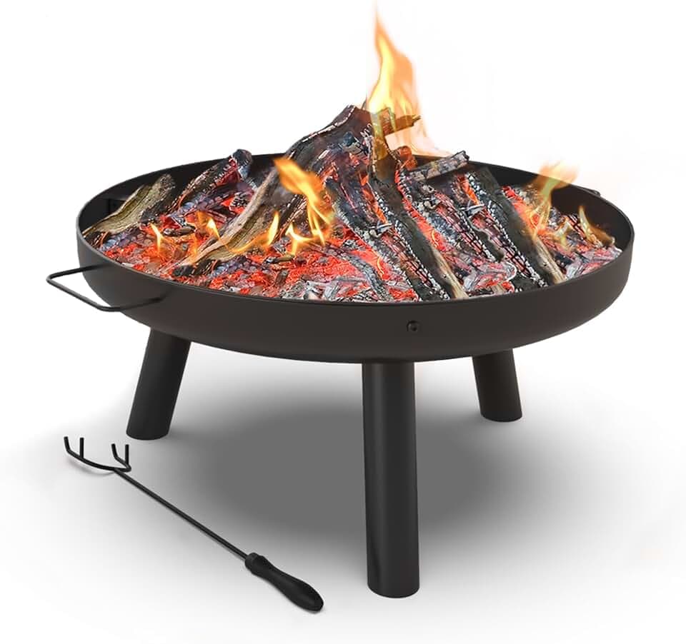 VOUNOT® Feuerschale Ø 61 cm Metall Feuerkorb mit Schürhaken Feuerstelle für den Garten, Terrasse, Heizung und Camping, Schwarz