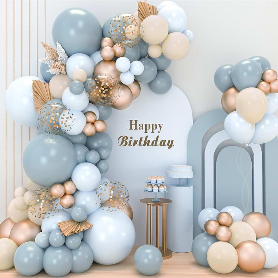 Luftballon Girlande Blau Gold, 106pcs Ballon Girlande Set Pastell Blau Beige mit Hellblau Sand Weiß Gold Konfetti Ballon, Bluey Geburtstag Dekoration Junge für Baby Shower Taufe Hochzeit Party Deko
