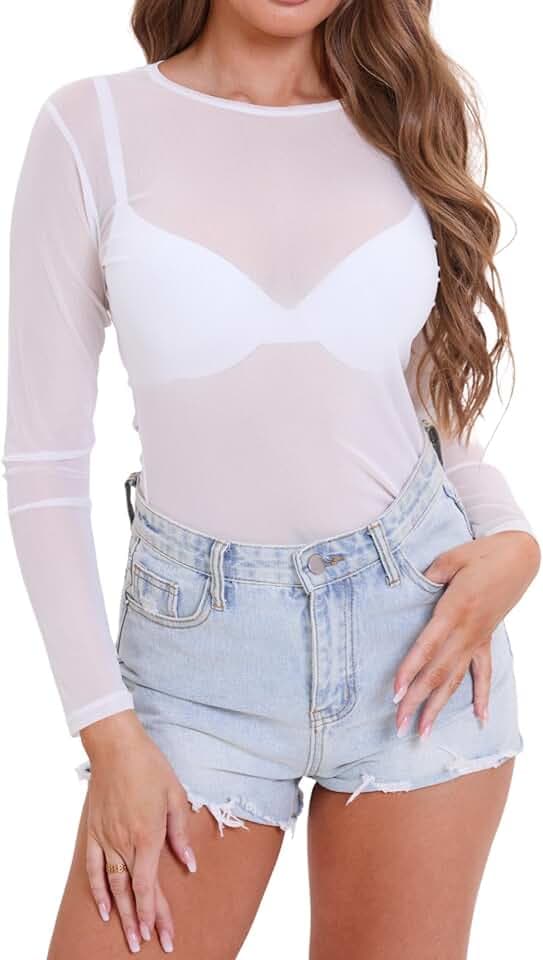 Damen Mesh Oberteile Transparentes Langarm Shirt Frauen Durchsichtige Rundhals T-Shirt Sexy Netzoberteil Party Tops