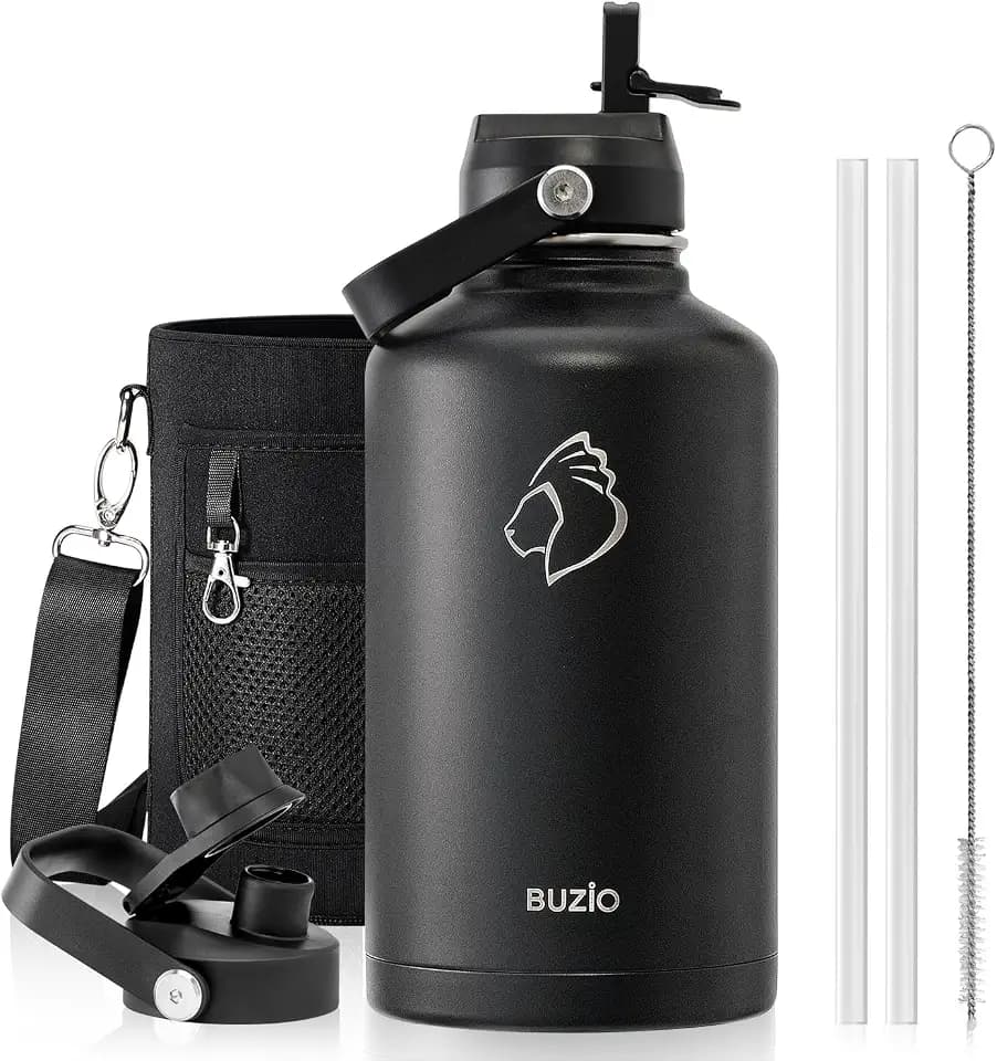 BUZIO 64 oz Insulated Stainless Steel Water Bottle with Dust-proof Lids