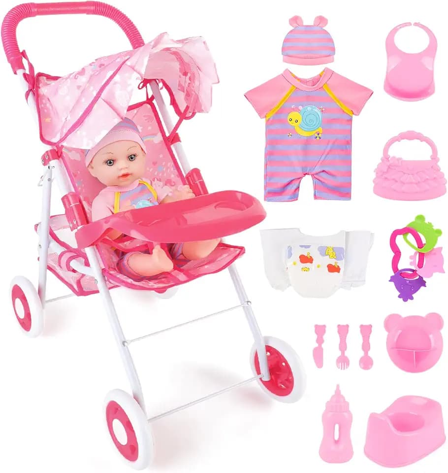 deAO Puppenwagen Spielset mit Puppen und Zubehör, Babypuppe Rollenspielset