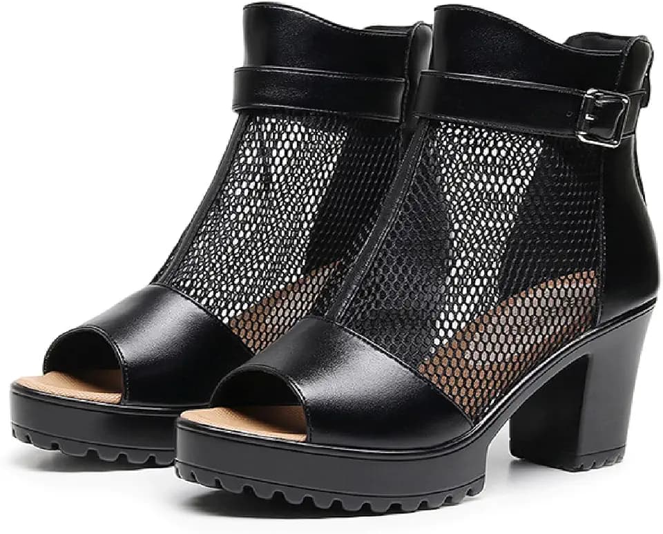 Womens Mesh Hollow Out High Heels Ankle Boots Sandals Summer Open Toe Chunky Heel Breathable Rome Ankle Boots With Zipper Classic Casual Sandals