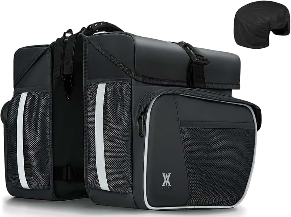 Waterproof Double Panniers Bag - 36L Saddle Bags for Rear Rack Bicycles with Safety Reflective Strips, Bicycle Commuting Pannier Fit Most Bicycle Rack with Rain Cover (With Rain Cover, Black, 36L)