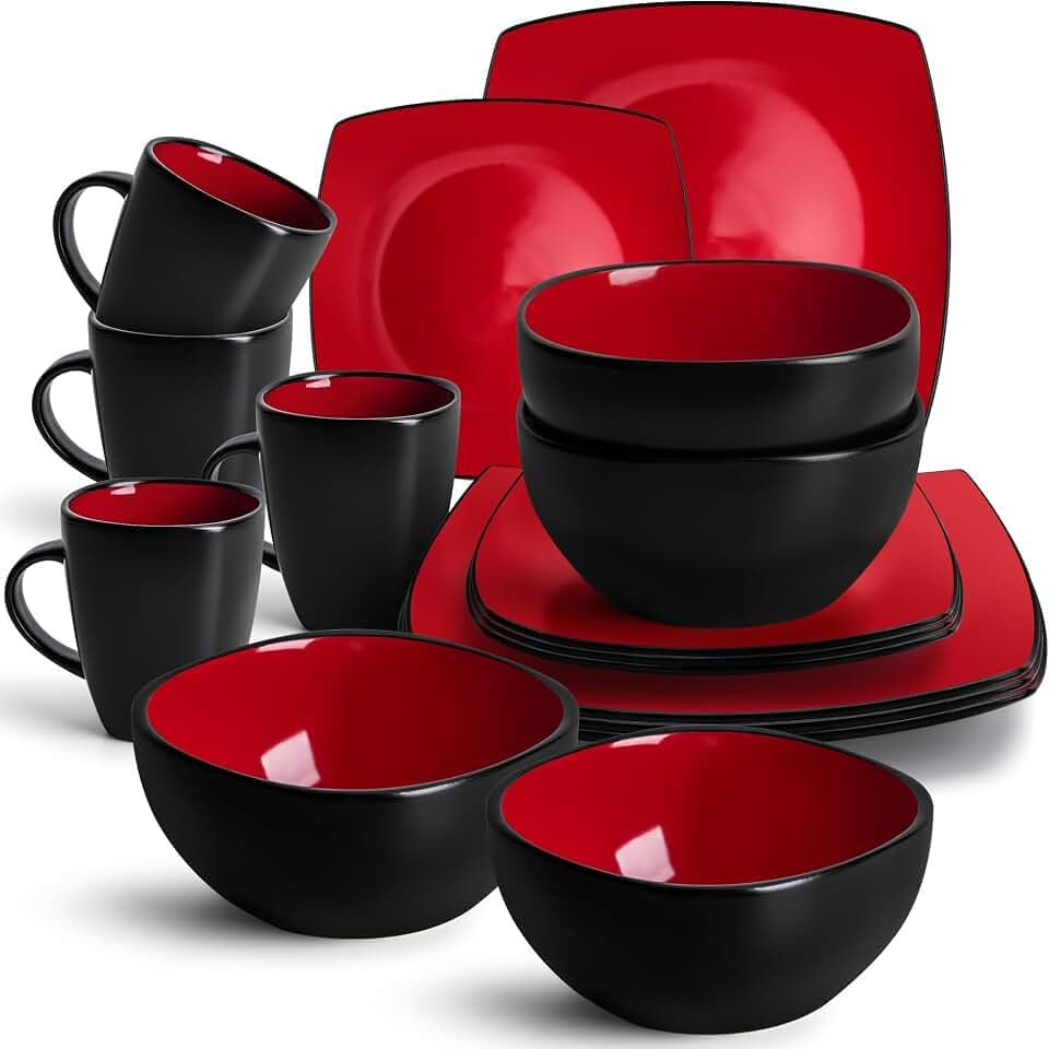 MIAMIO - Geschirrset 16 teilig Tafelservice (4 Schüsseln, 4 Kaffeetassen, 4 Große Teller, 4 Kleine Teller) - Marsili Kollektion (Rot)
