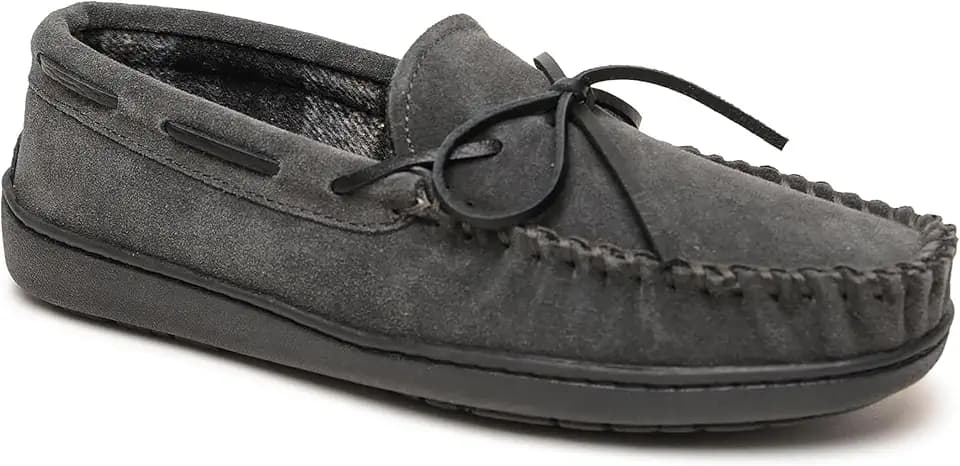 Minnetonka Plaid Lined Hardsole - Moccasin Slippers for Men Made with Suede Upper, Rubber Sole, Plush Interior, Fleece Lining, Rawhide Lace, and Traditional Moccasin Design