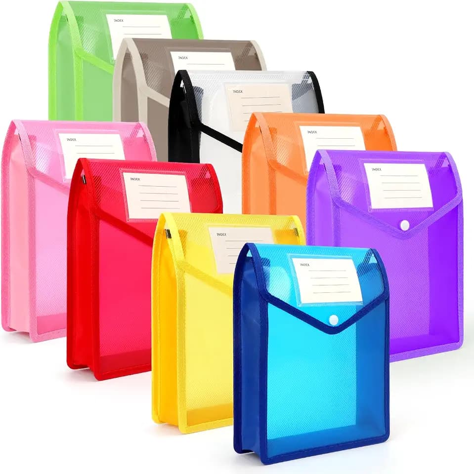 FYY Dokumententasche A5, 9 Stück Dokumentenmappe A5 Dokumente Aufbewahrung mit Druckknopf und Tasche, Wasserdicht Kunststoff Geldtasche Mappen für Reise Büro Schule, 9 Farben (Vertikale)