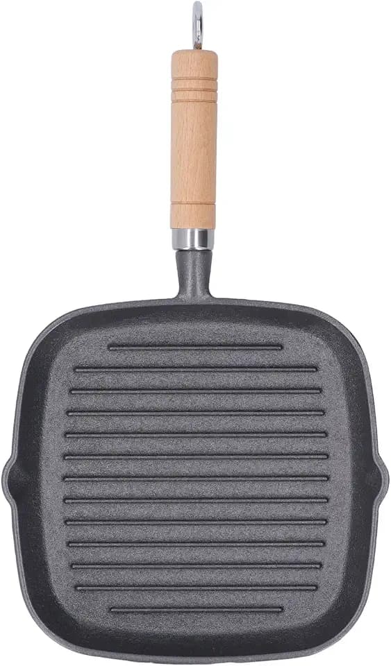 Wisecoco Gusseisenpfanne, 23x21x3cm Premium Grillpfanne Gusseisen Quadratische Grillpfanne mit Ausguss und Griff, Steakpfanne Vielseitige Grillplatte für Gasgrill, Ideal zum Camping und Garten