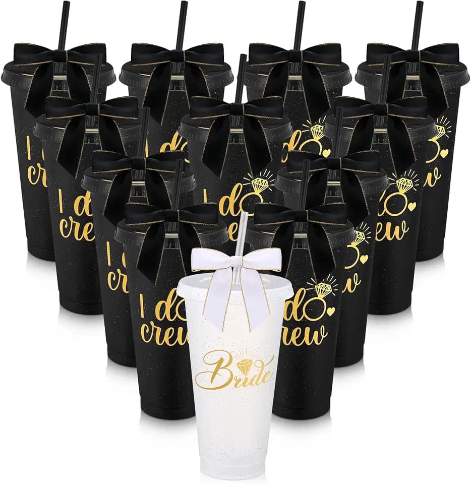 24oz Bridesmaid Plastic Tumbler with Straw Lid and Bow, Black, 12 Pcs