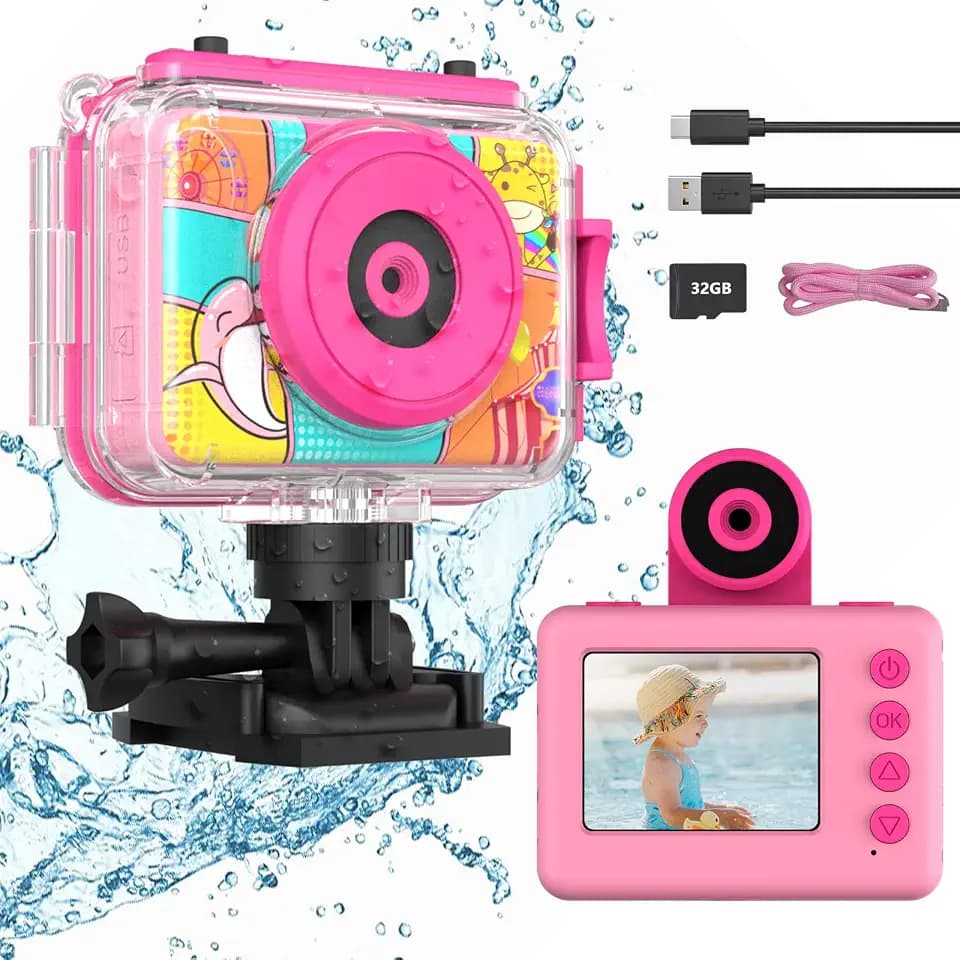 Ushining Kinderkamera, wasserdicht, 1080P Unterwasser-Videokamera, Kinder, digitale Selfie-Kamera mit Display 5,1 cm (2,0 Zoll), TF-Karte, 32 GB, Geschenk für Mädchen und Jungen, 3-12 Jahre, Rosa