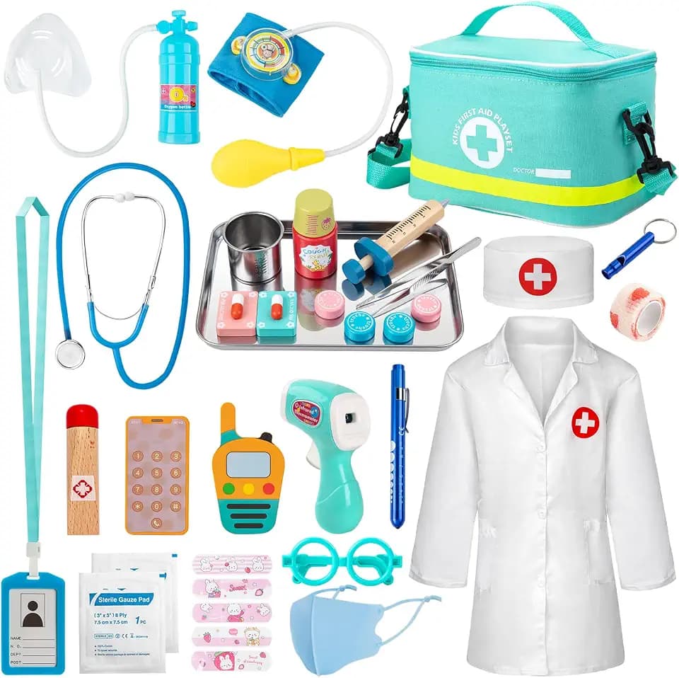 Sundaymot Arztkoffer Kinder Holz Spielset, Doktorkoffer Mit Echtem Stethoskop, Thermometer, Arztkittel und Tragbare Doktortasche, Rollenspiel Spielzeug ab 3 Jahre