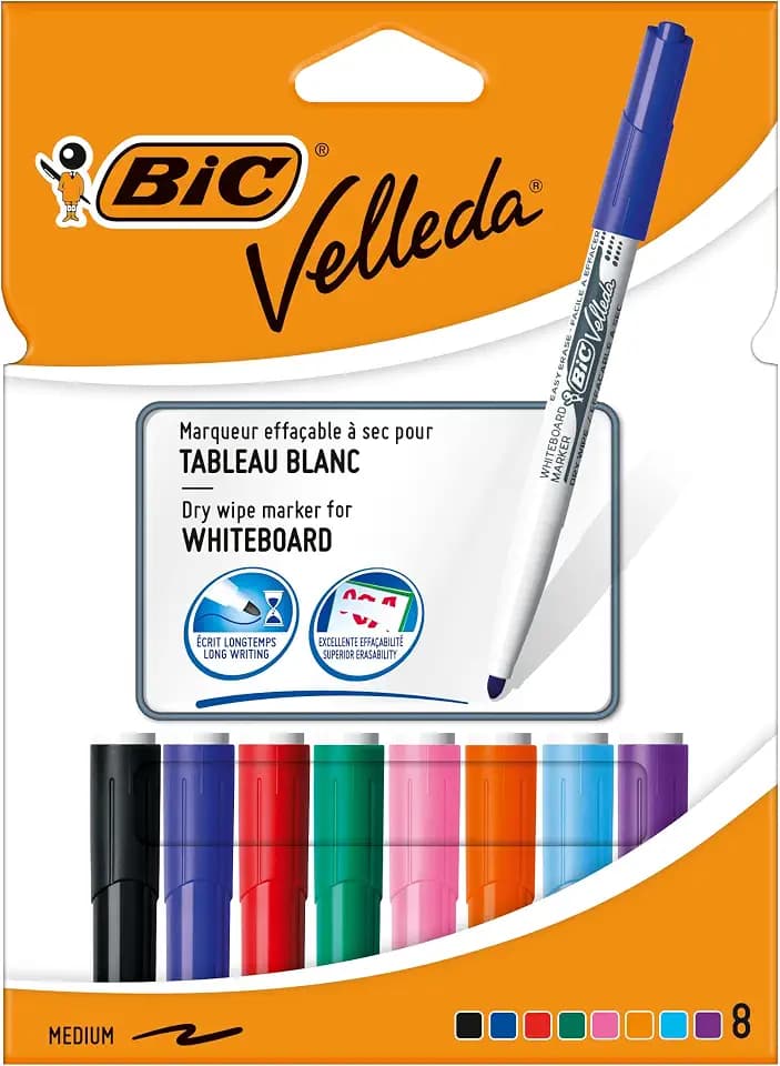 BIC Velleda 1741 Whiteboard-Marker, Rundspitze Medium – Mehrfarbig, Trocken Abwischbar, 8er Etui