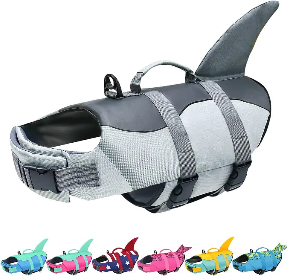 Malier Dog Life Jacket, Ripstop Dog Life Vest with High Buoyancy for Swimming Boating, High Visibility Shark Puupy Lifesaver for Small Medium Large Dogs (Grey, XX-Large)