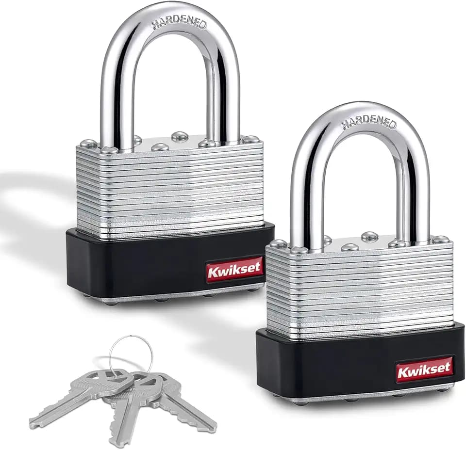 Kwikset Laminated Steel Padlock with Hardened Steel Shackle, 2-Pack, Silver