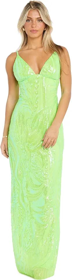 Juniors' Long Sequin Mesh Gown W/Slim Fit & Spaghetti Straps - Prom Homecoming Cocktail Party