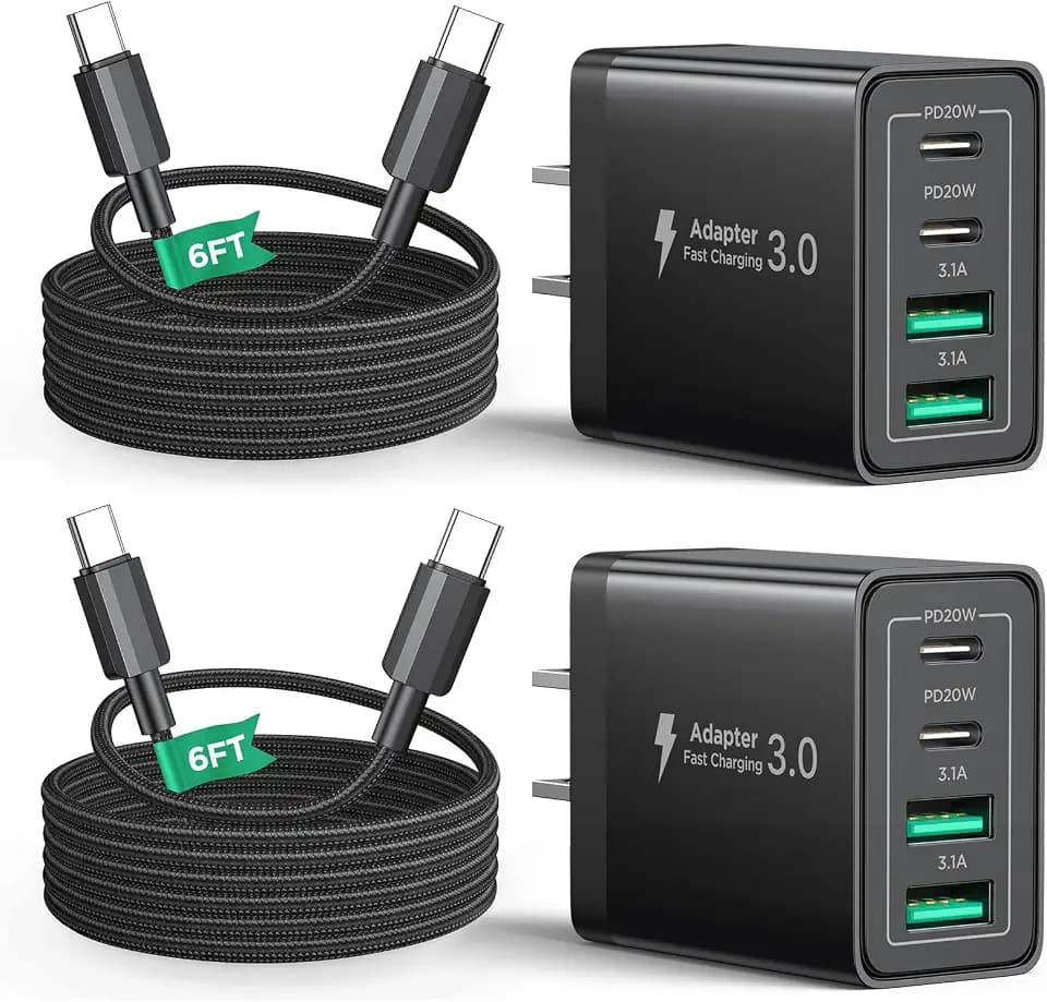 40W USB C Charger Cube, 2Pack 4-Ports Wall Plug Fast Charging Block with 6FT USBC to USBC Cord, Multiport Brick Type C Box Compatible with iPhone 16/15, Samsung S25 S24 S23, iPad, Cellphones Charger