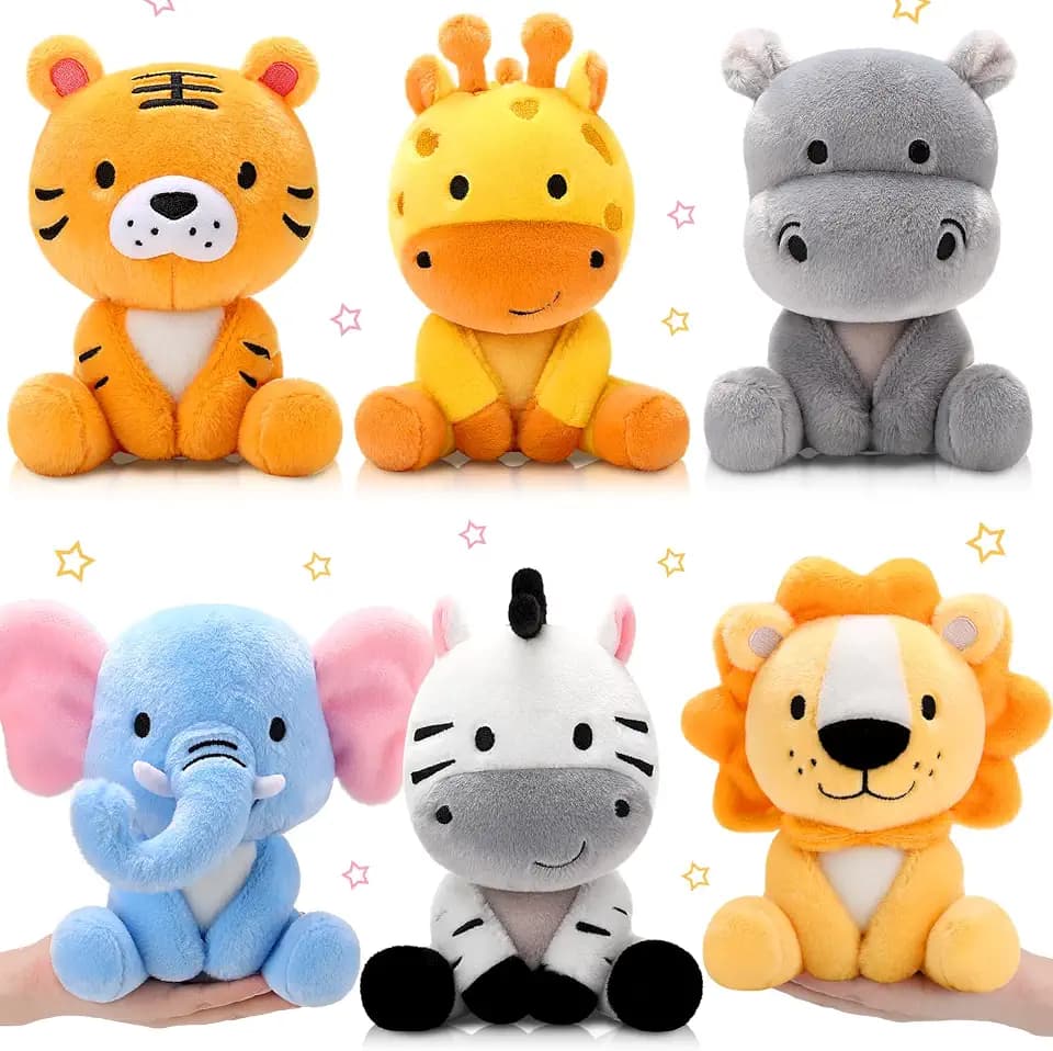 RoundFunny 6 Pcs Cute Safari Stuffed Animals, 7 Inch Jungle Plush Toys