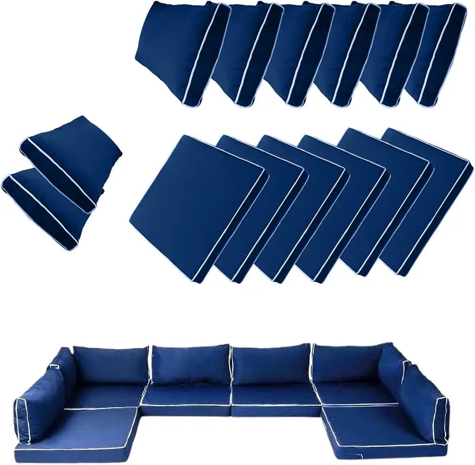 14 Piece Outdoor Patio Cushion Cover Replacement, Waterproof Patio Cushion Covers, Outdoor Furniture Cushion Covers Set for 6 Seat Wicker Rattan Sofa (Blue+White Side)