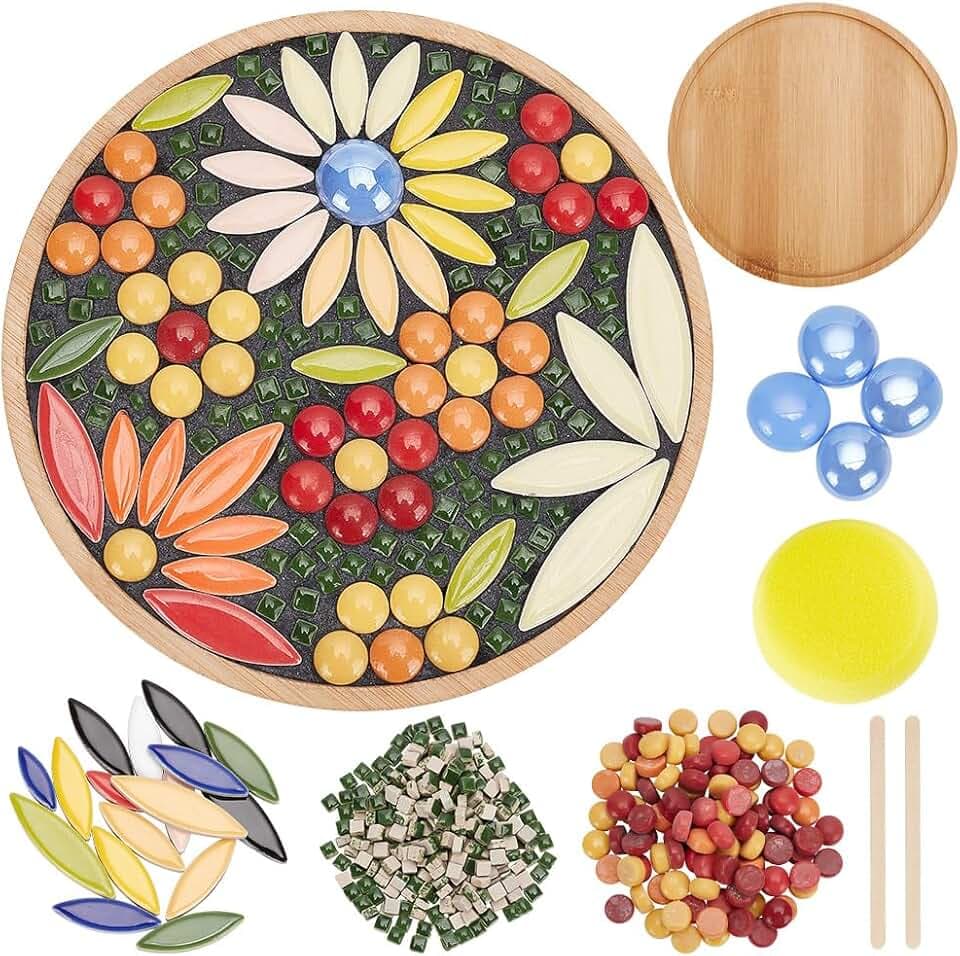 WEBEEDY DIY Mosaik-Bastelset Blumenmosaik Bambus-Untersetzer-Sets Glasmosaikfliesen In Verschiedenen Farben Mit Rundem Untersetzersockel Für Handgefertigte Mosaikuntersetzer, Heimdekoration