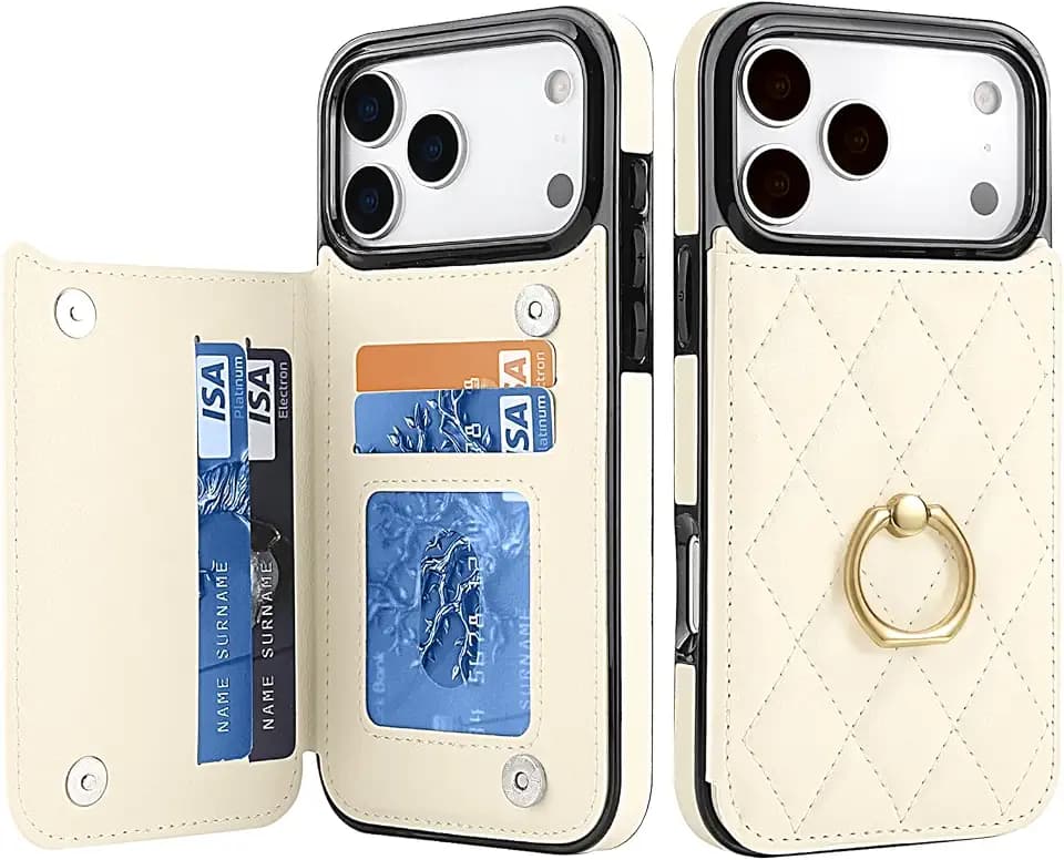 Wallet Case for iPhone 17 Pro Max with Card Holder, Ring Kickstand Card Slots Leather Case with Double Magnetic Clasp Shockproof Phone Cover 6.9 Inch 2025, Beige