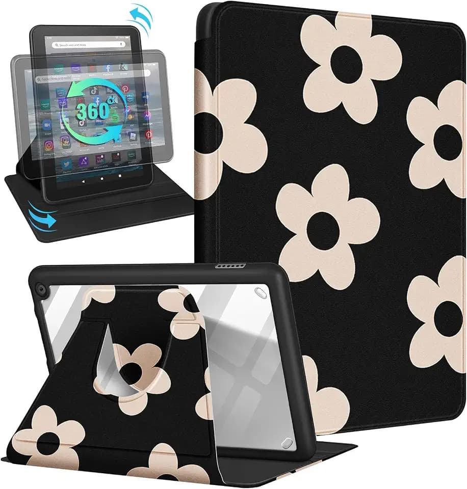 Kidcube for Amazon Kindle Fire 7 Tablet Case 12th Generation 2022 Release for Women Girls Cute Girly Folio Cover Flowers Floral Design Rotating Stand with Auto Wake/Sleep for Kindle Fire 7 Cases 7"