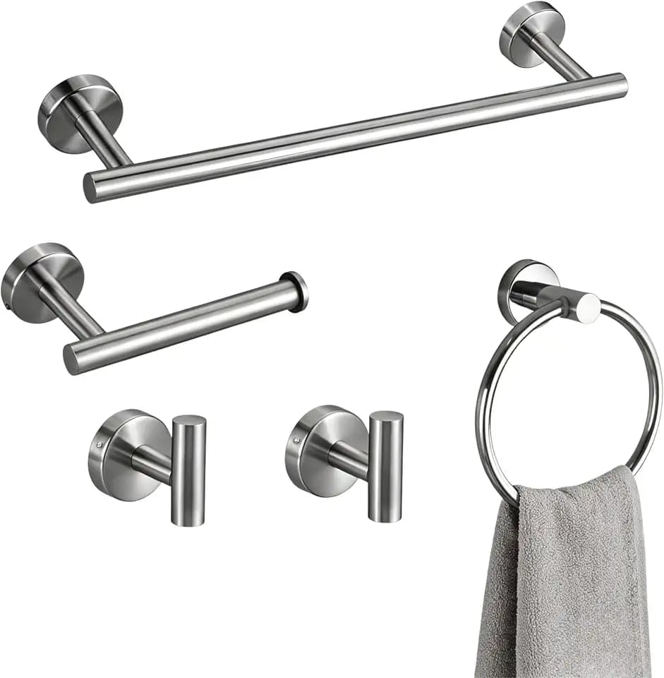 Silver 5 Pieces Bathroom Hardware Set, 16 Inch Bathroom Towel Holder, Wall-Mounted Towel Bar, Towel Racks for Bathroom, Robe Towel Hooks, Toilet Paper Holder