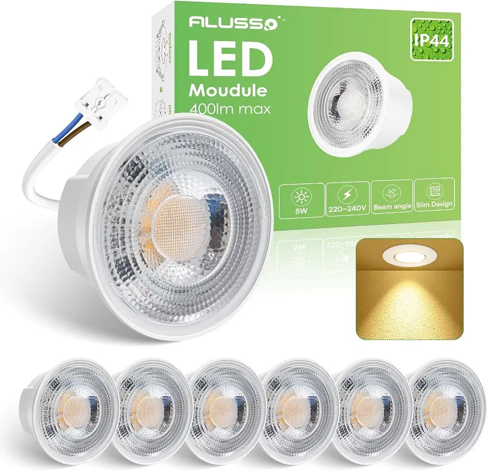ALUSSO 5 W LED-Module, ultraflacher Ersatz für GU10 und MR16, 3000 K warmweiße LED-Lampen mit 50 mm x 23 mm Einbau für Einbaustrahler, 6er-Pack