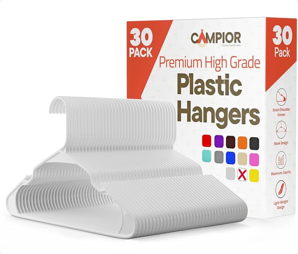 White Plastic Hangers 30 Pack– Heavy-Duty Plastic Hangers Slim and Space-Saving, Durable and Lightweight PP with Non-Slip Shoulder Notches for Slip Dresses, Suits, Jackets & Camisoles