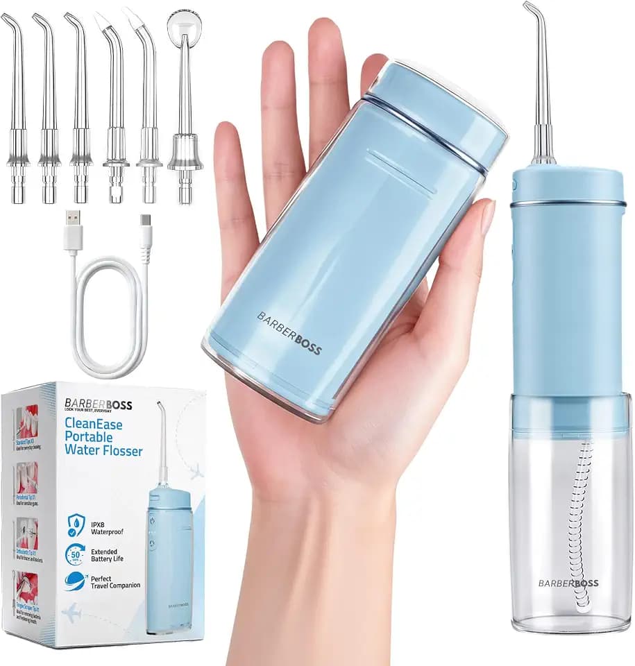 BarberBoss Munddusche für unterwegs, 6 Düsenaufsätze, kabellose Munddusche, USB-C-Ladefunktion und 3 Druckstufen, kompaktes Design, Taschen, QR-7114 (Blau)