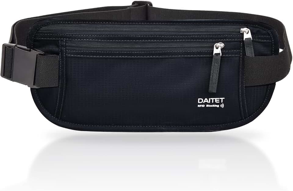 RFID Blocking Money Belt for Men Women, Slim Fanny Pack For Travel，Running,Conceal Waist Wallet For Passport Holder,Phone,Cash(Dark Black)