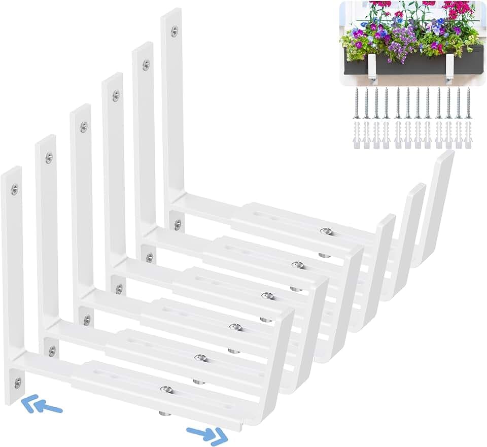 HFHOME 6 PCS Adjustable Planter Box Brackets (6 to 12.5 in), Universal Window Box Brackets, Heavy Duty Metal Flower Box Wall Mounting Hooks for Balcony, Fences, Patio, and Garden - White