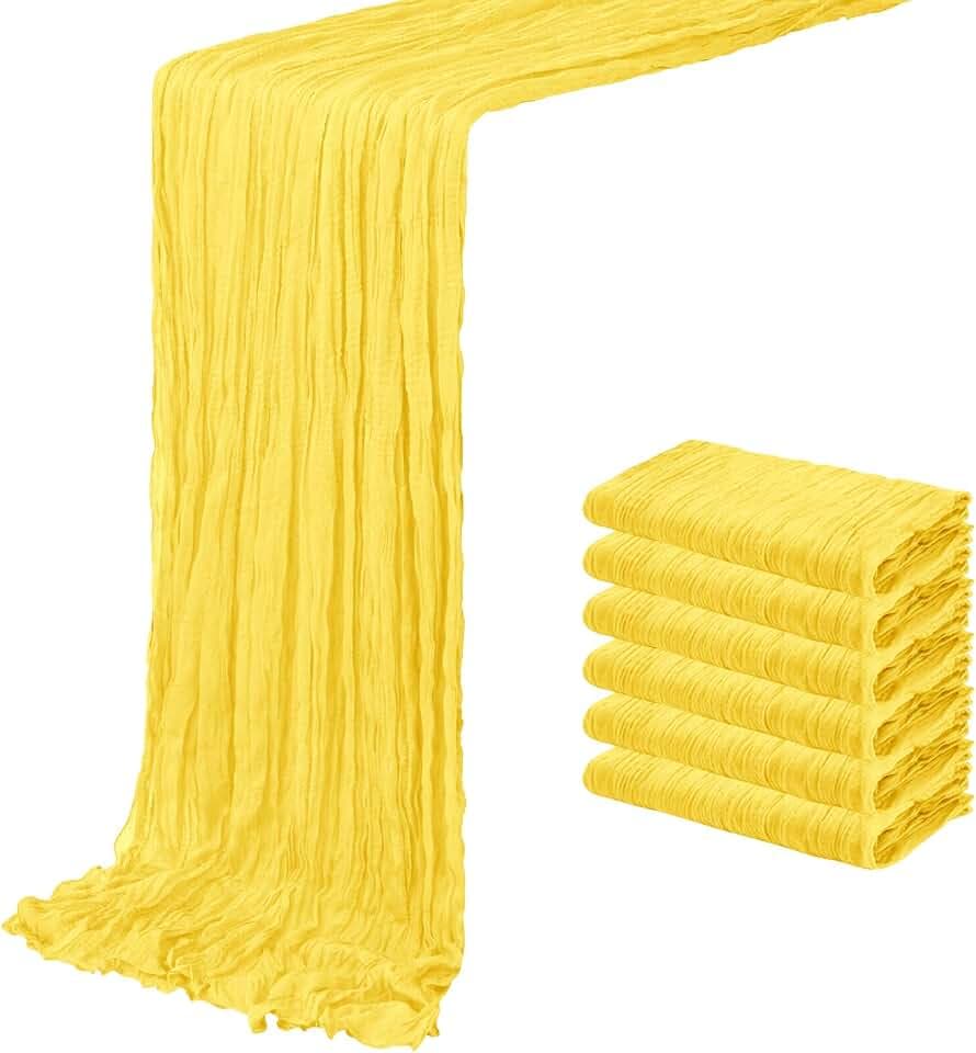 6 Pack Lemon Yellow Cheesecloth Table Runner 20 x 120 inch Gauze Table Runners 10 FT Long,Semi Sheer Boho Cheese Cloth Fabric Table Runner Bulk for Party,Wedding,Baby Shower,Bridal Shower Decoration
