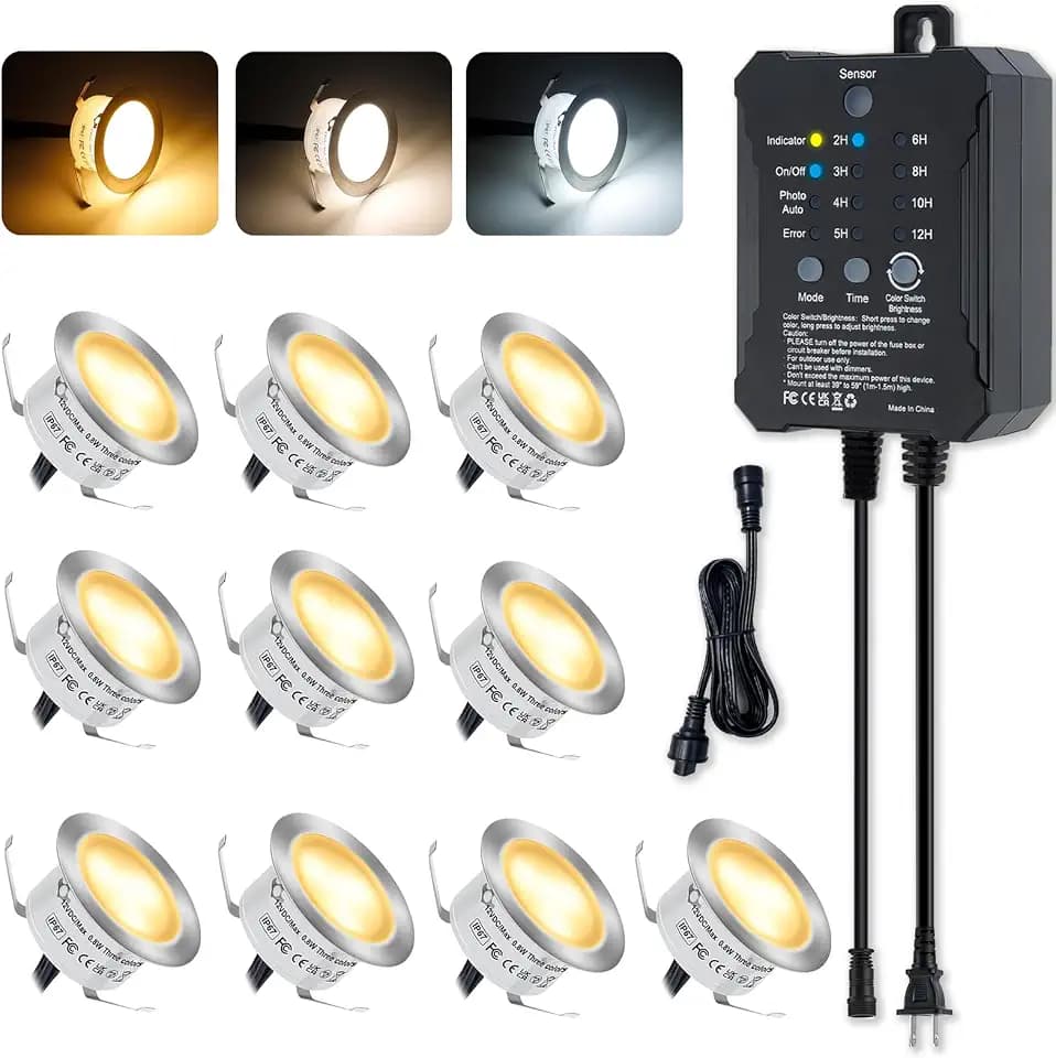 Low Voltage Deck Lights Recessed Kit with Transformer Dimmable Timer and Photocell Sensor Outdoor LED Deck Lighting 3CCT 2800K-6000K IP67 Waterproof with 3pin Cable for Stair Patio Yard 10 Pcs