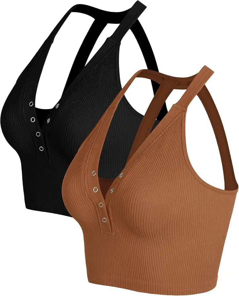 ODODOS 2-Pack Seamless Henley Crop for Women Open Back Ribbed Tank Button-up Cropped Top