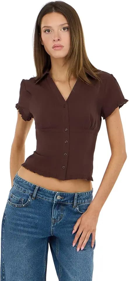 Forever 21 Women's Collared Button-Down Top with Ruffle Hem and Cinched Under-Bust Line